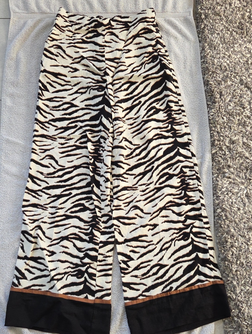 H&M Black and White Zebra Print Wide Leg Pants with Brown Trim